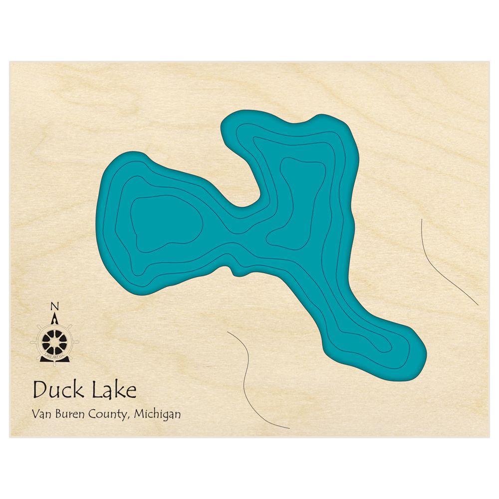 Bathymetric topo map of Duck Lake with roads, towns and depths noted in blue water