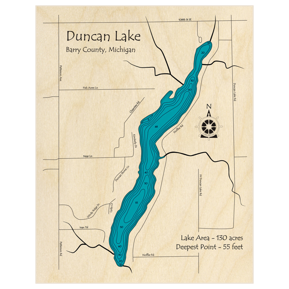 Bathymetric topo map of Duncan Lake with roads, towns and depths noted in blue water