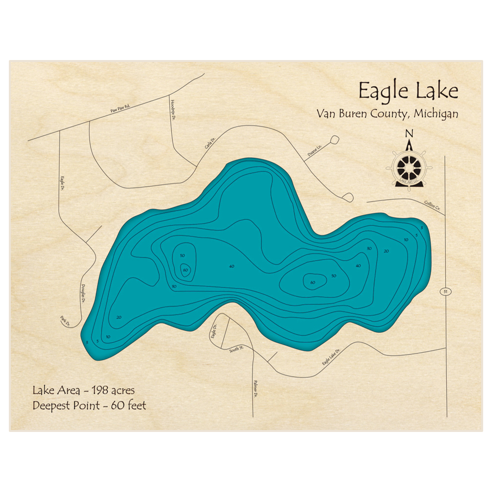 Bathymetric topo map of Eagle Lake (Paw Paw) with roads, towns and depths noted in blue water