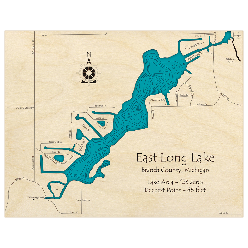 Bathymetric topo map of East Long Lake with roads, towns and depths noted in blue water