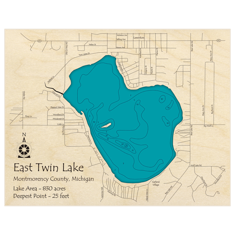 East Twin Lake 3D Custom Wood Map – Lake Art LLC