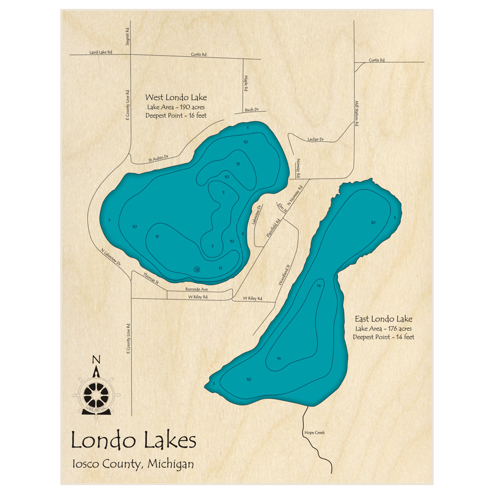 Bathymetric topo map of Londo Lake (East and West) with roads, towns and depths noted in blue water