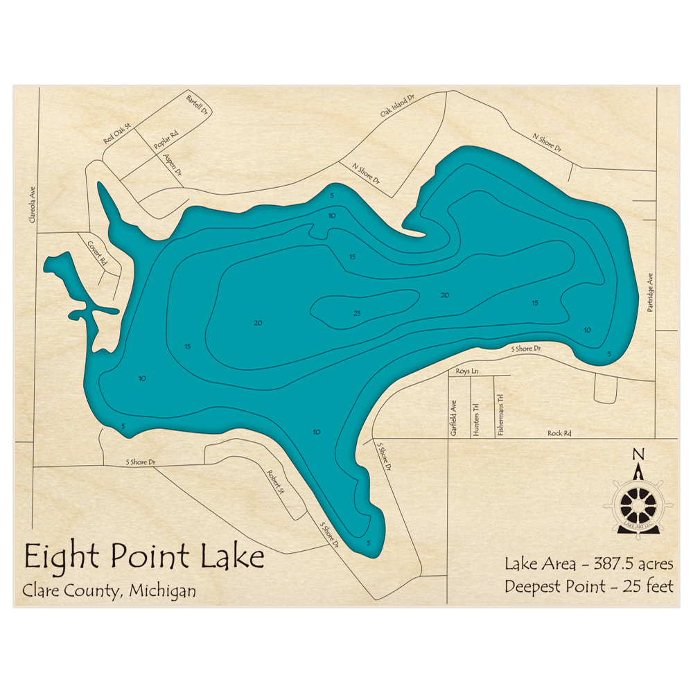 Bathymetric topo map of Eight Point Lake with roads, towns and depths noted in blue water