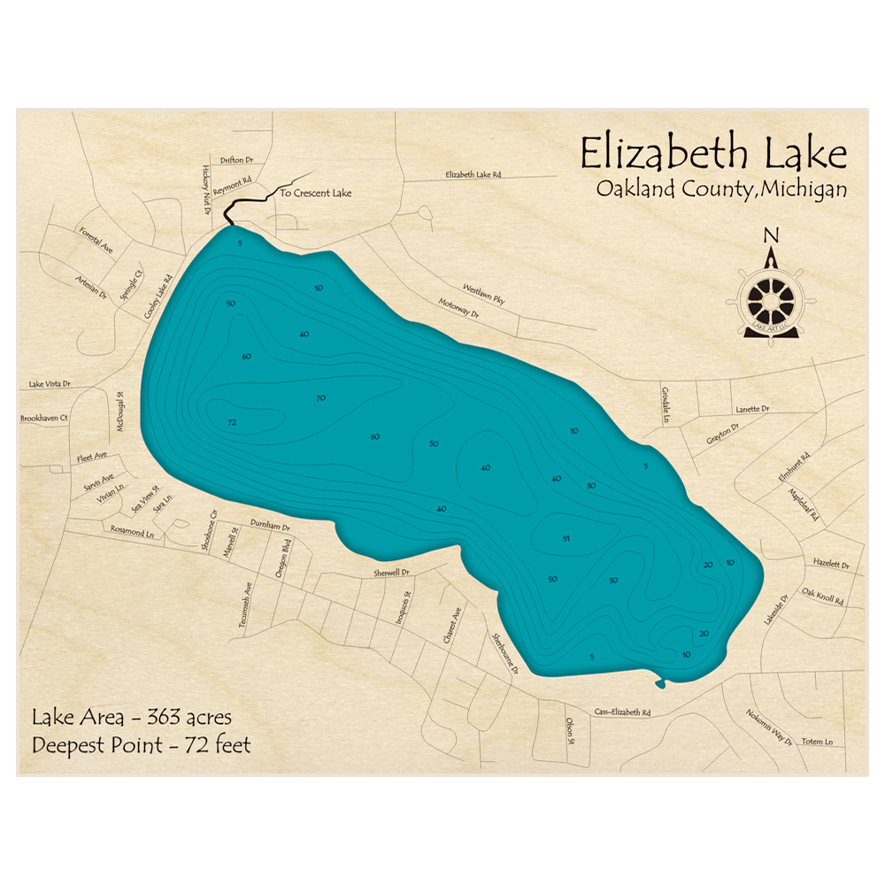 Bathymetric topo map of Elizabeth Lake with roads, towns and depths noted in blue water