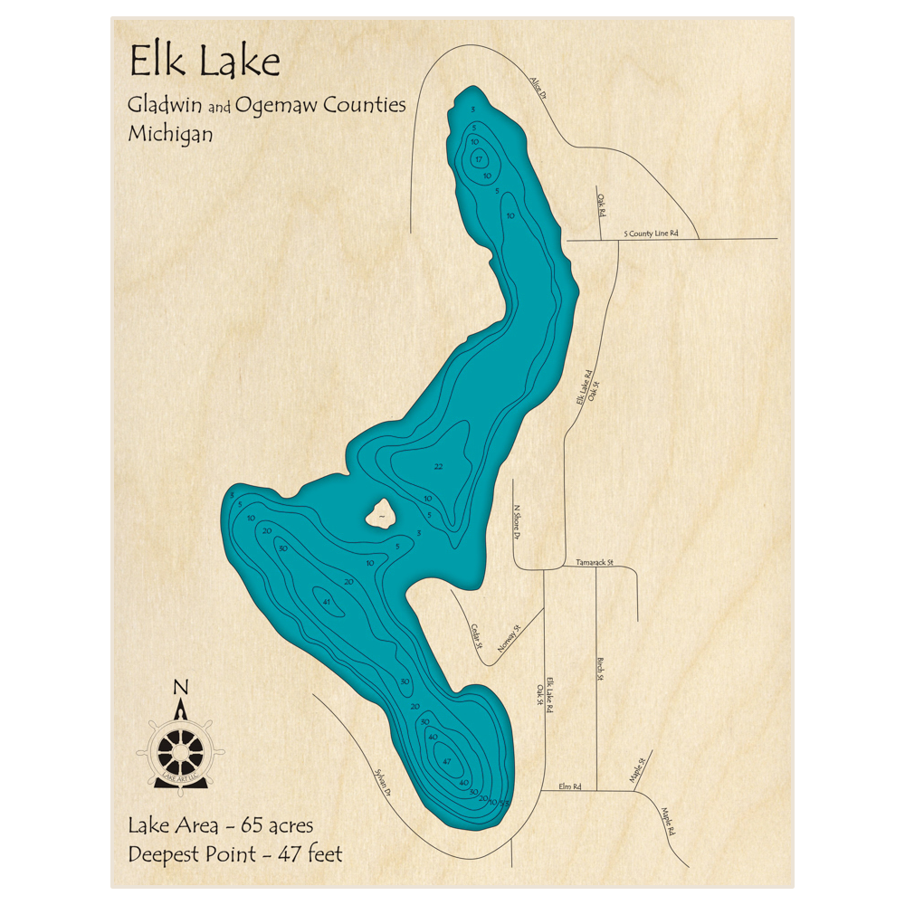 Bathymetric topo map of Elk Lake with roads, towns and depths noted in blue water