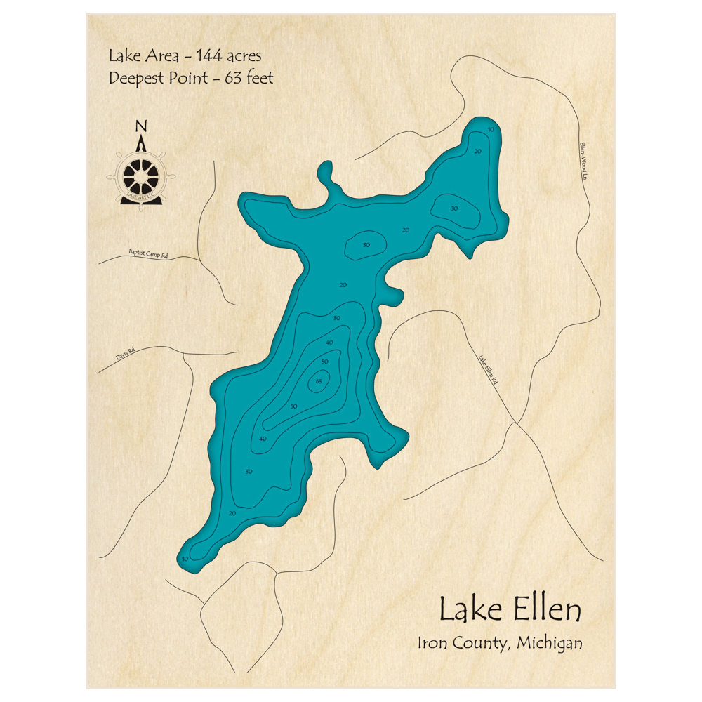 Lake Ellen 3D Custom Wood Map – Lake Art LLC