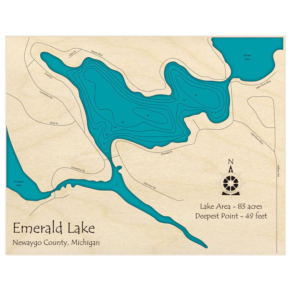 Bathymetric topo map of Emerald Lake with roads, towns and depths noted in blue water