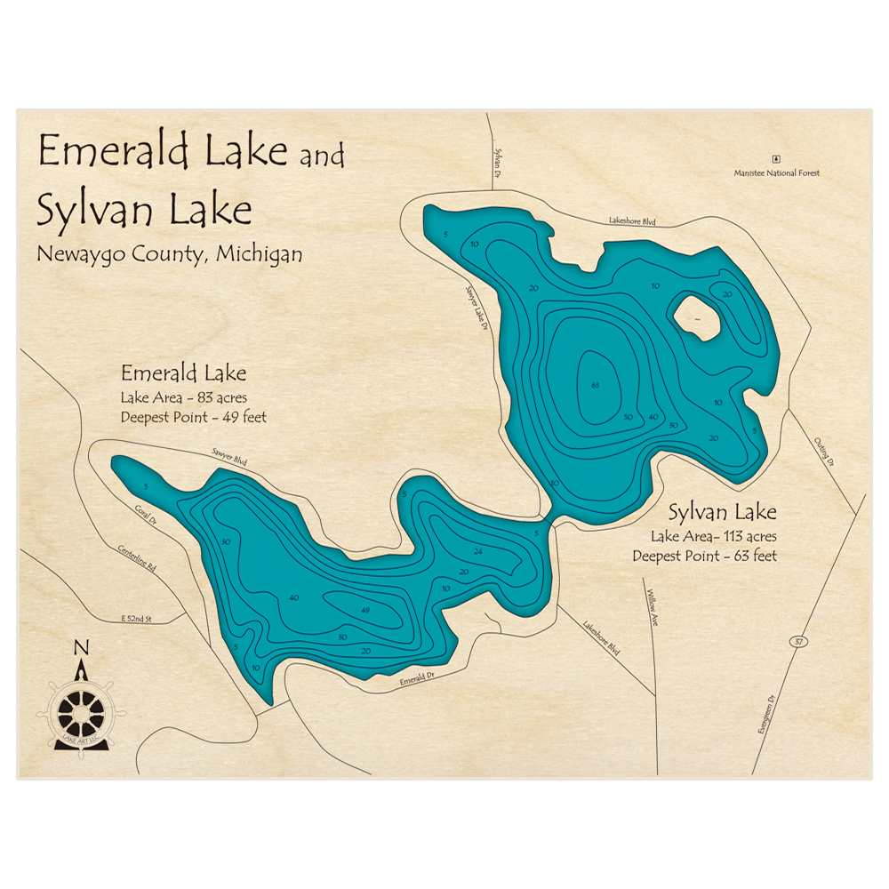 Bathymetric topo map of Emerald Lake (With Sylvan Lake) with roads, towns and depths noted in blue water