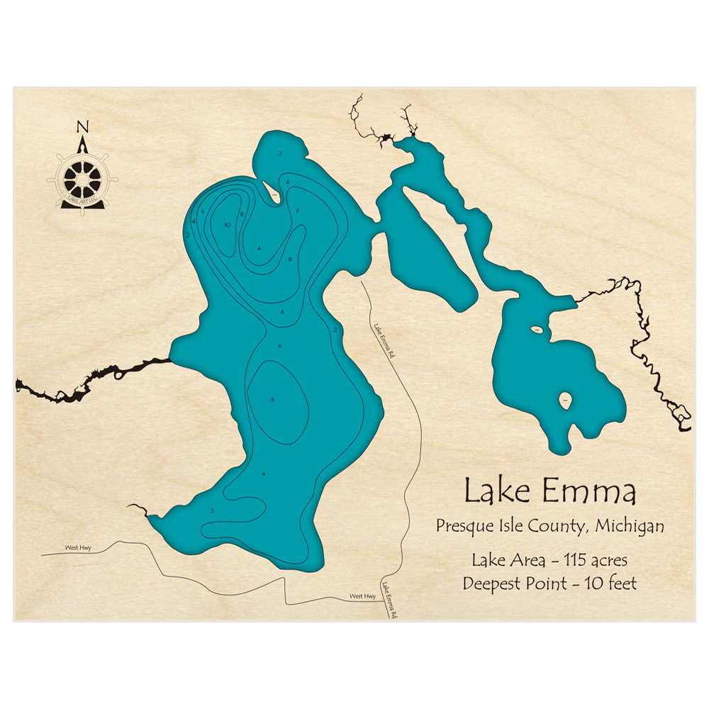 Bathymetric topo map of Lake Emma with roads, towns and depths noted in blue water