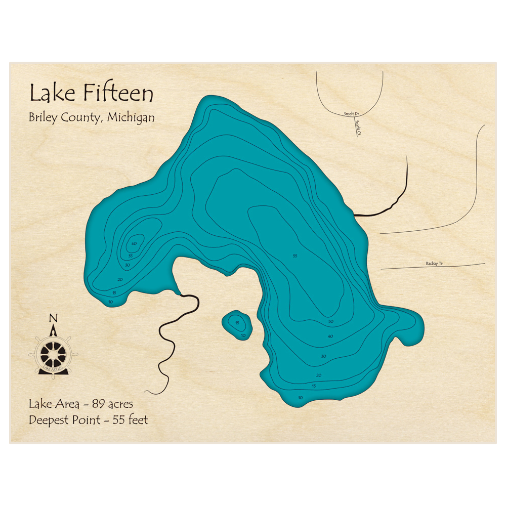 Bathymetric topo map of Lake Fifteen with roads, towns and depths noted in blue water