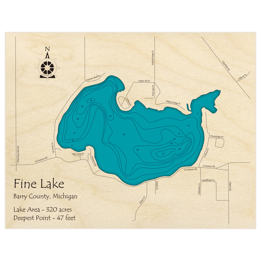 Bathymetric topo map of Fine Lake with roads, towns and depths noted in blue water