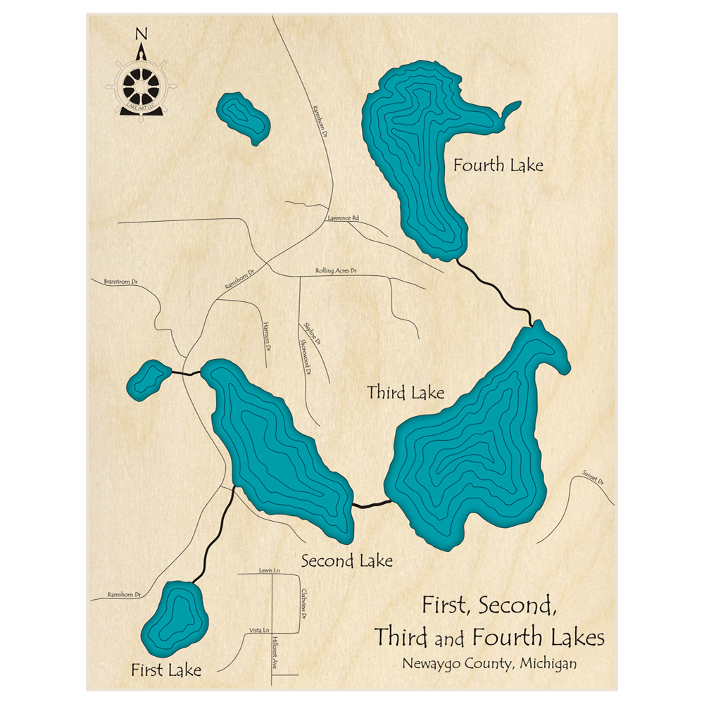 Bathymetric topo map of First Second Third and Fourth Lakes  with roads, towns and depths noted in blue water