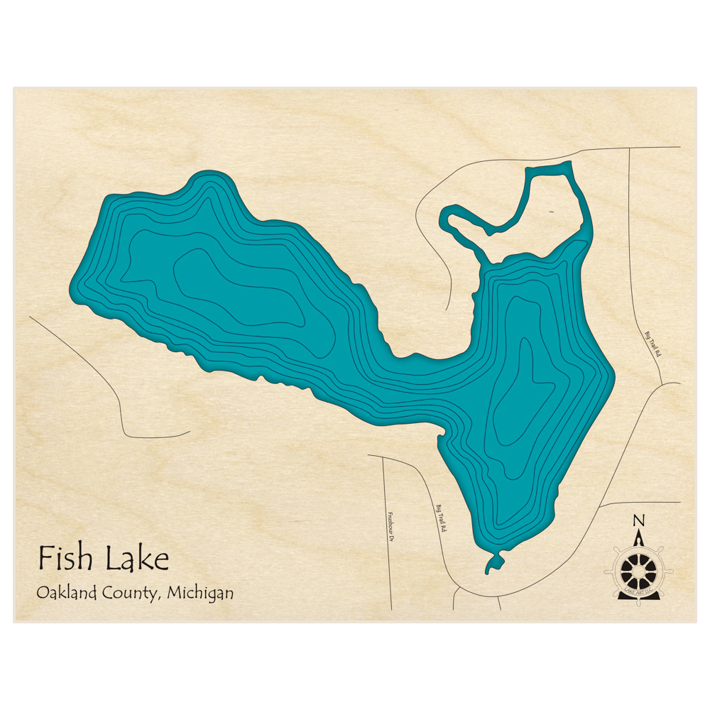 Bathymetric topo map of Fish Lake  with roads, towns and depths noted in blue water