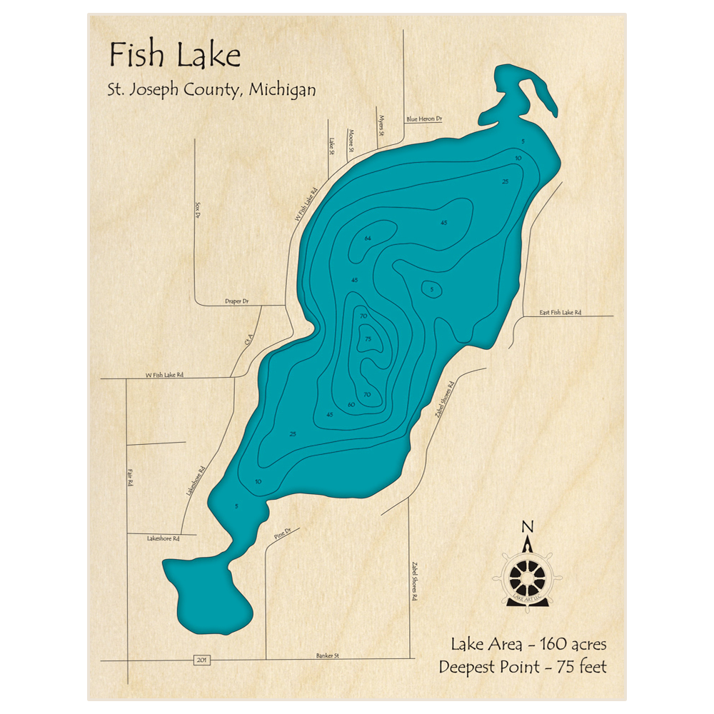 Bathymetric topo map of Fish Lake (Between Sturgis and Centreville) with roads, towns and depths noted in blue water