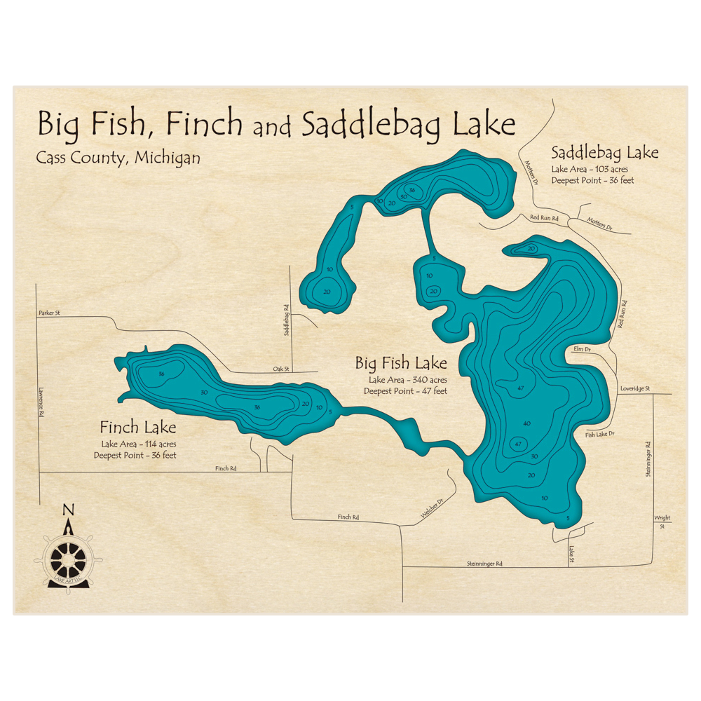 Bathymetric topo map of Fish Lake (With Finch and Saddlebag Lakes) with roads, towns and depths noted in blue water