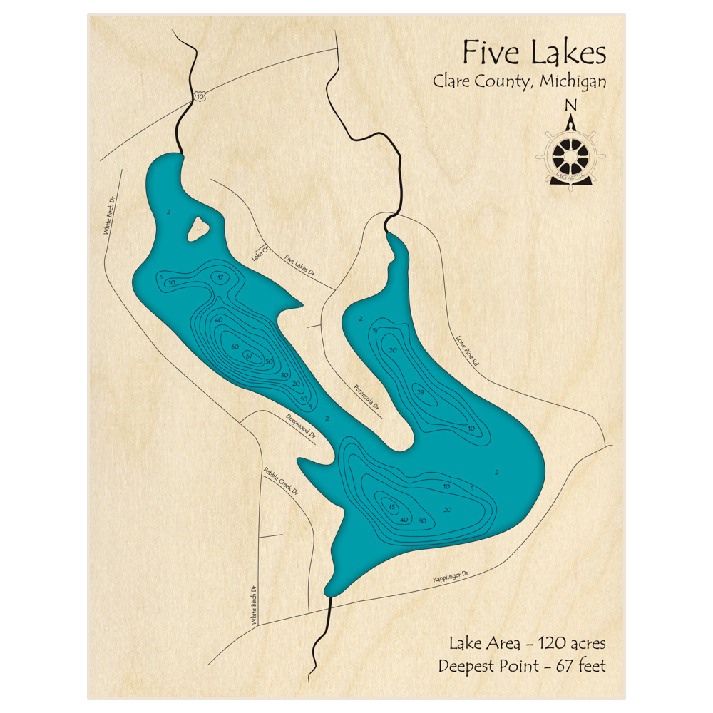 Bathymetric topo map of Five Lakes with roads, towns and depths noted in blue water