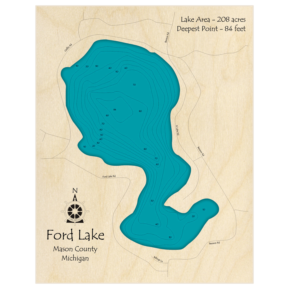 Bathymetric topo map of Ford Lake with roads, towns and depths noted in blue water