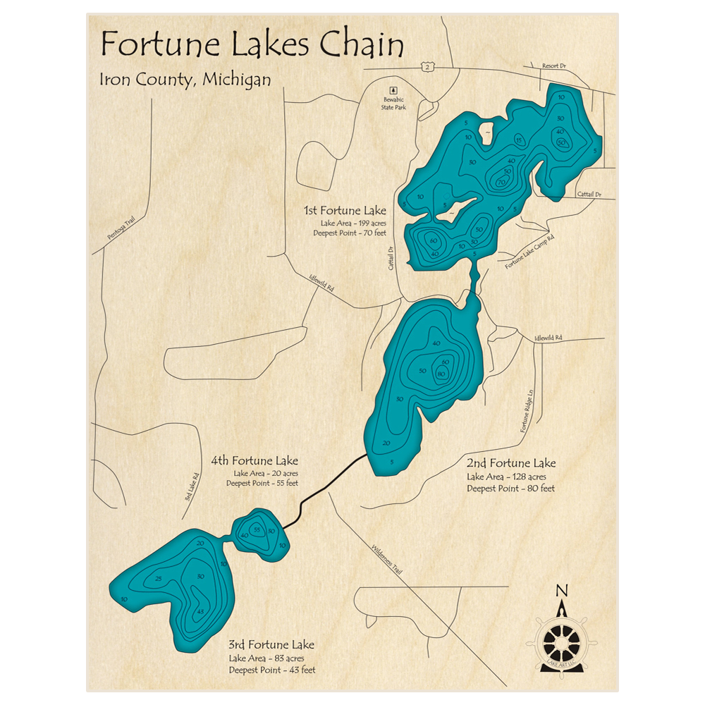 Bathymetric topo map of Fortune Lakes Chain with roads, towns and depths noted in blue water