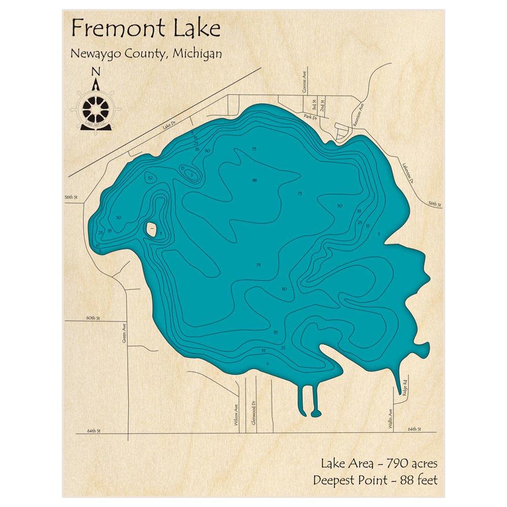 Bathymetric topo map of Fremont Lake with roads, towns and depths noted in blue water