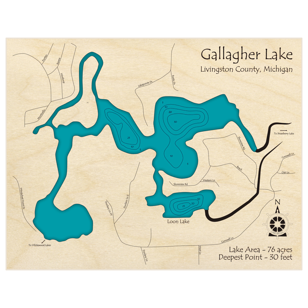 Bathymetric topo map of Gallagher Lake with roads, towns and depths noted in blue water