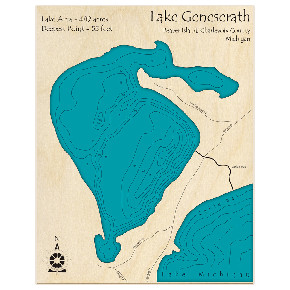 Bathymetric topo map of Lake Geneserath - Beaver Island with roads, towns and depths noted in blue water