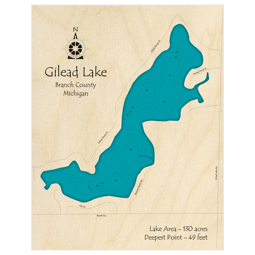 Bathymetric topo map of Gilead Lake with roads, towns and depths noted in blue water