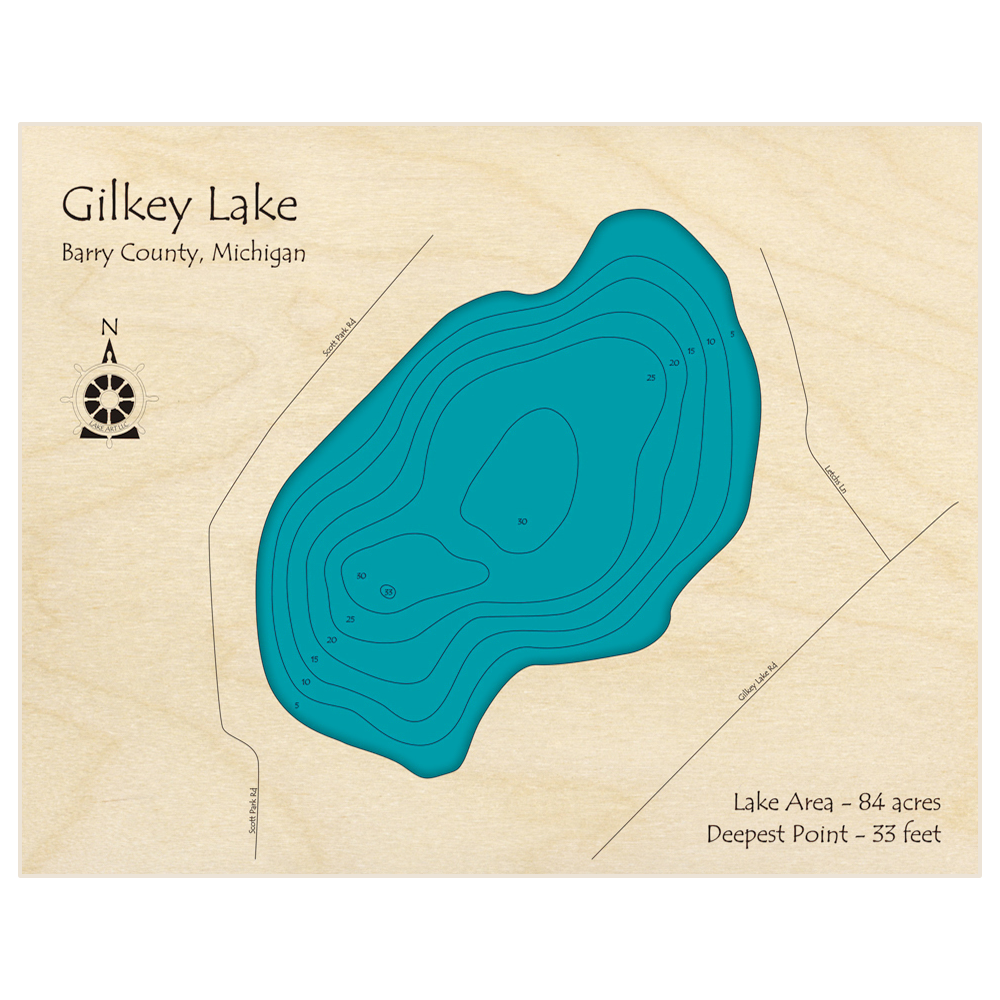 Bathymetric topo map of Gilkey Lake with roads, towns and depths noted in blue water