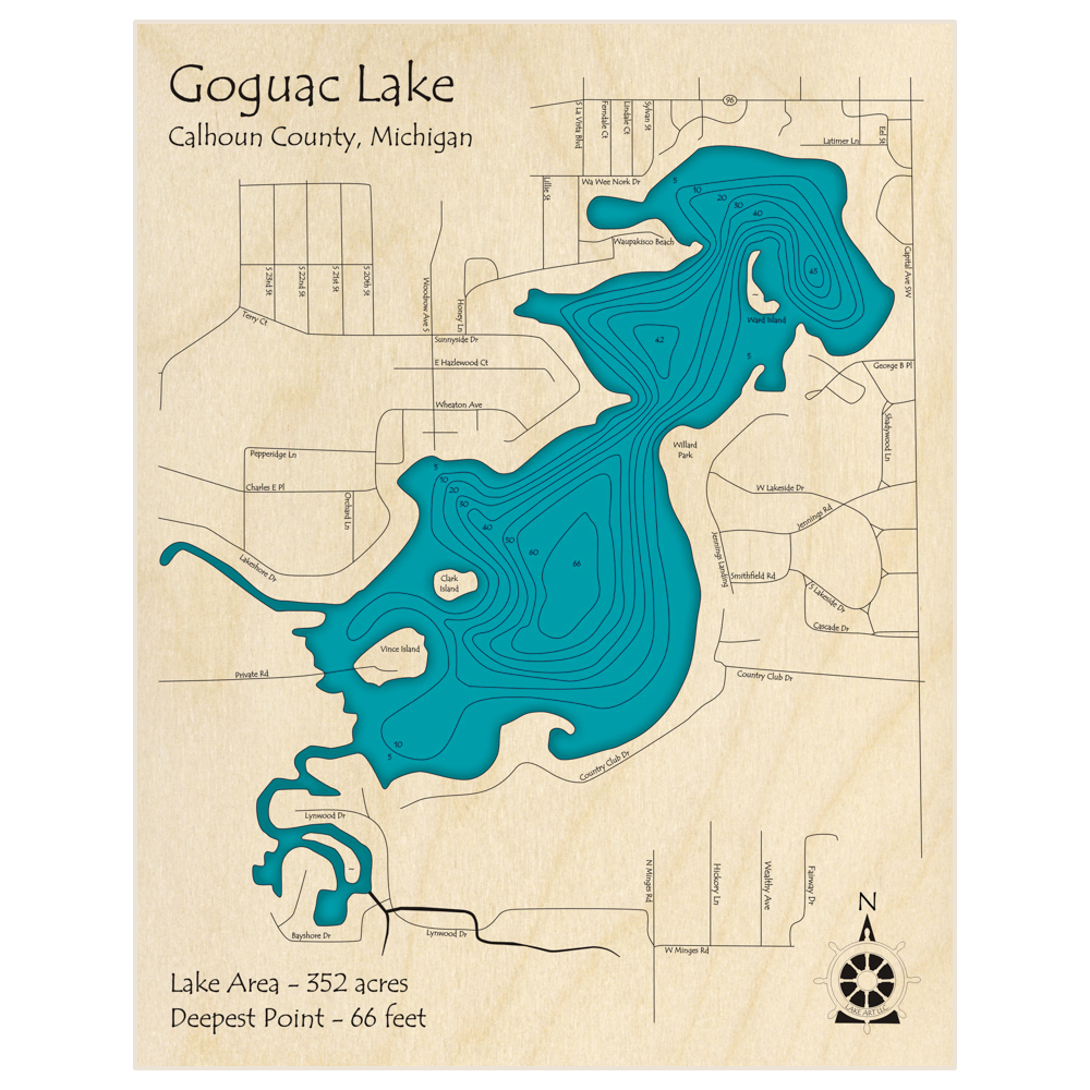 Bathymetric topo map of Goguac Lake with roads, towns and depths noted in blue water