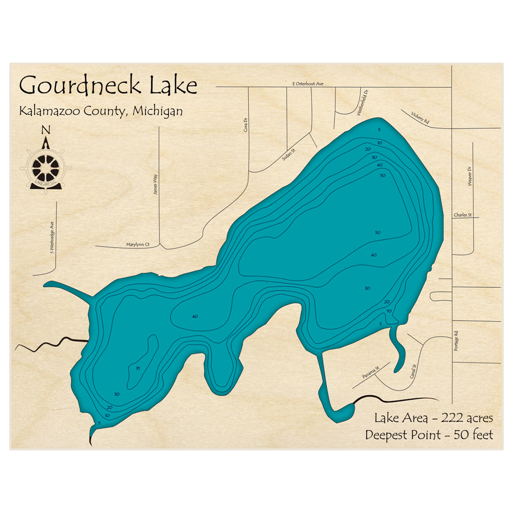 Gourdneck Lake 3D Custom Wood Map – Lake Art LLC