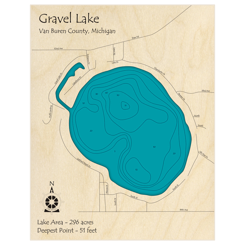 Bathymetric topo map of Gravel Lake with roads, towns and depths noted in blue water