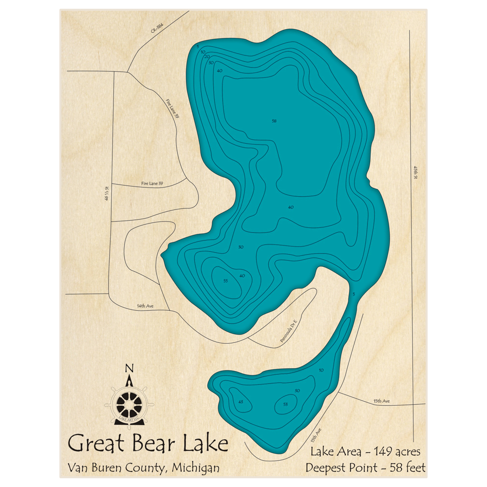 Bathymetric topo map of Great Bear Lake with roads, towns and depths noted in blue water