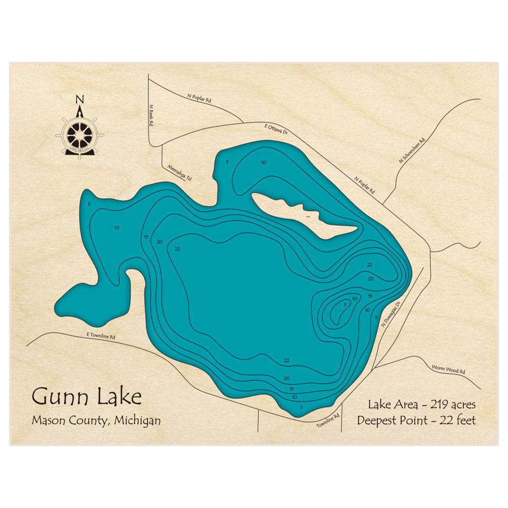 Bathymetric topo map of Gunn Lake with roads, towns and depths noted in blue water