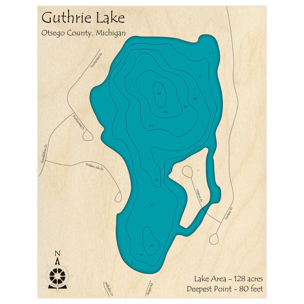 Bathymetric topo map of Guthrie Lake with roads, towns and depths noted in blue water