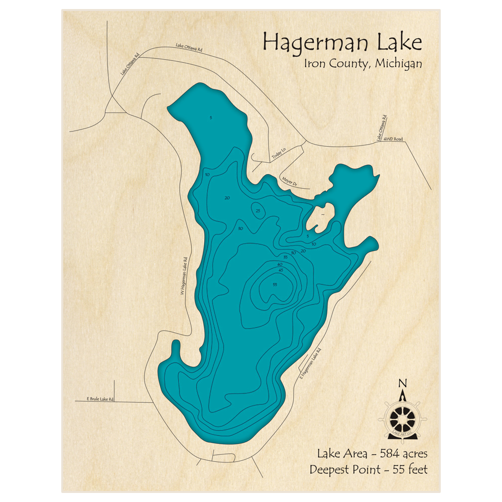 Bathymetric topo map of Hagerman Lake with roads, towns and depths noted in blue water