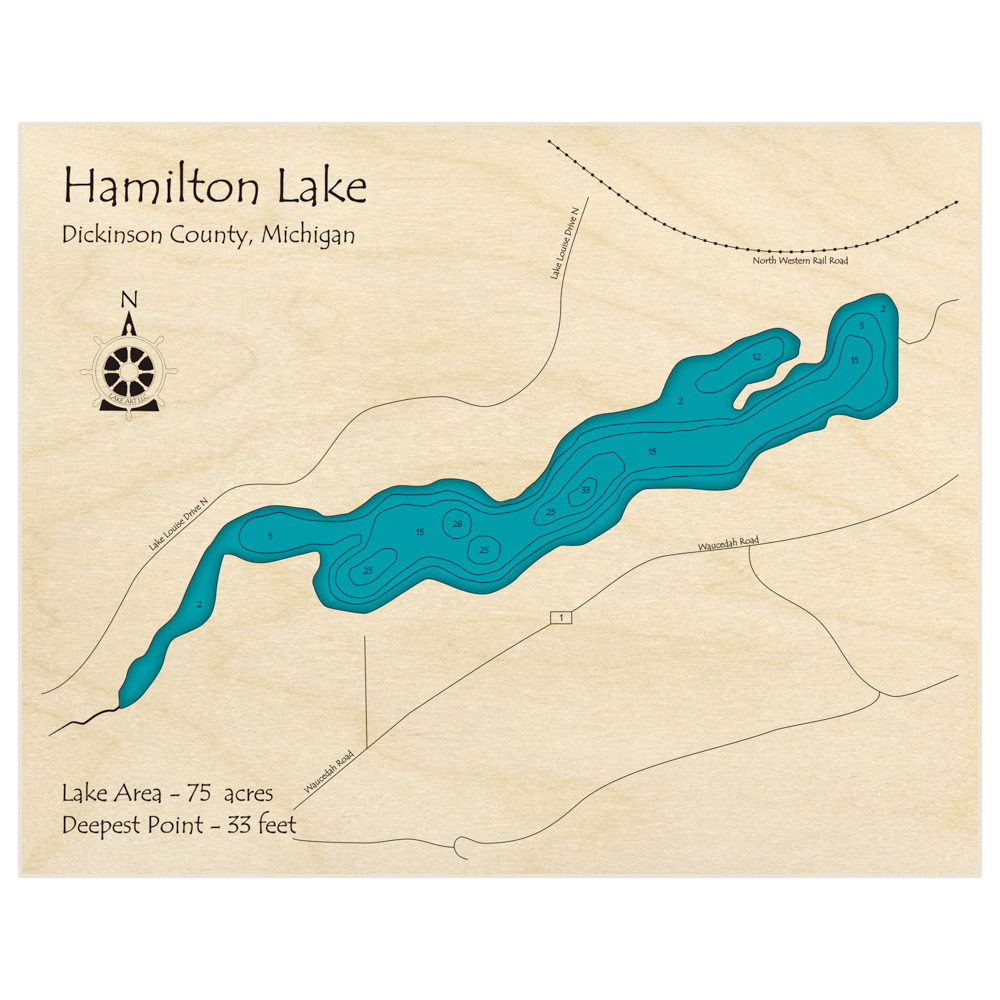 Bathymetric topo map of Hamilton Lake with roads, towns and depths noted in blue water