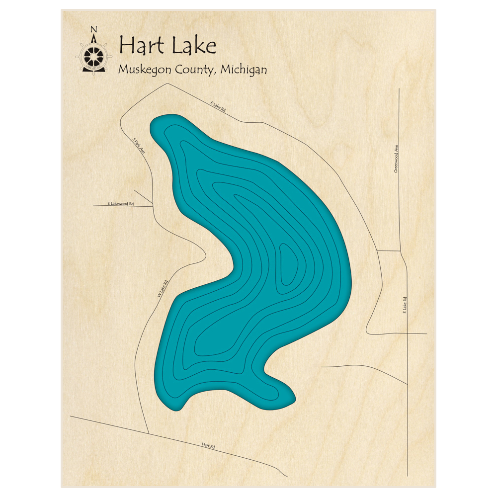 Bathymetric topo map of Hart Lake with roads, towns and depths noted in blue water