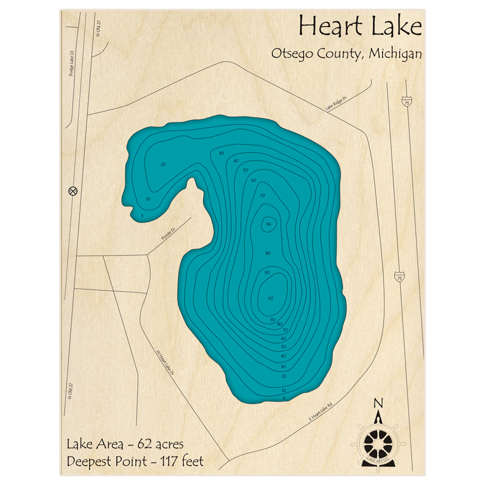 Bathymetric topo map of Heart Lake with roads, towns and depths noted in blue water