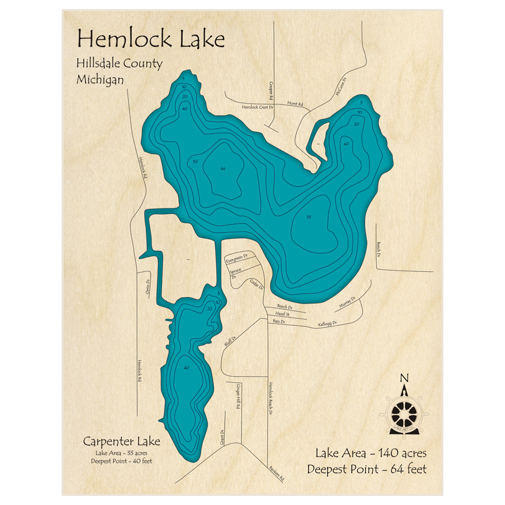 Bathymetric topo map of Hemlock Lake with roads, towns and depths noted in blue water