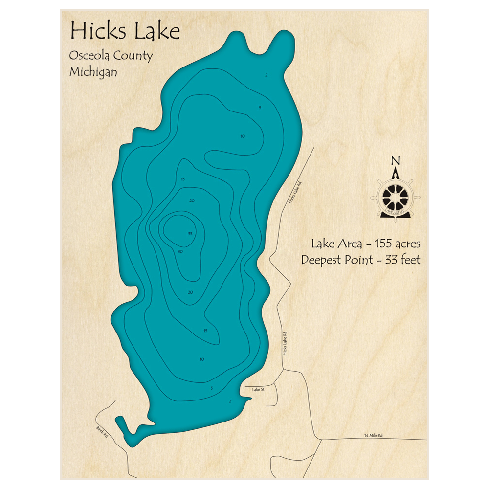 Bathymetric topo map of Hicks Lake with roads, towns and depths noted in blue water