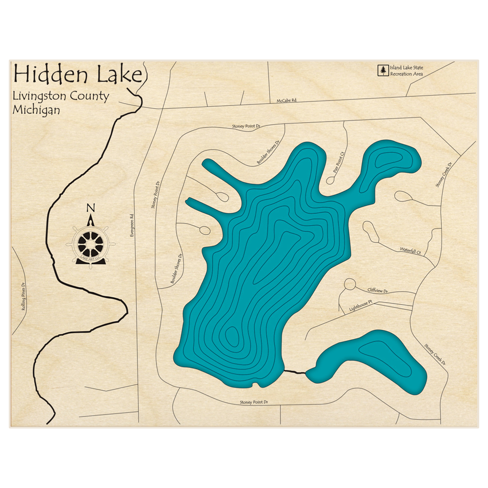 Bathymetric topo map of Hidden Lake  with roads, towns and depths noted in blue water