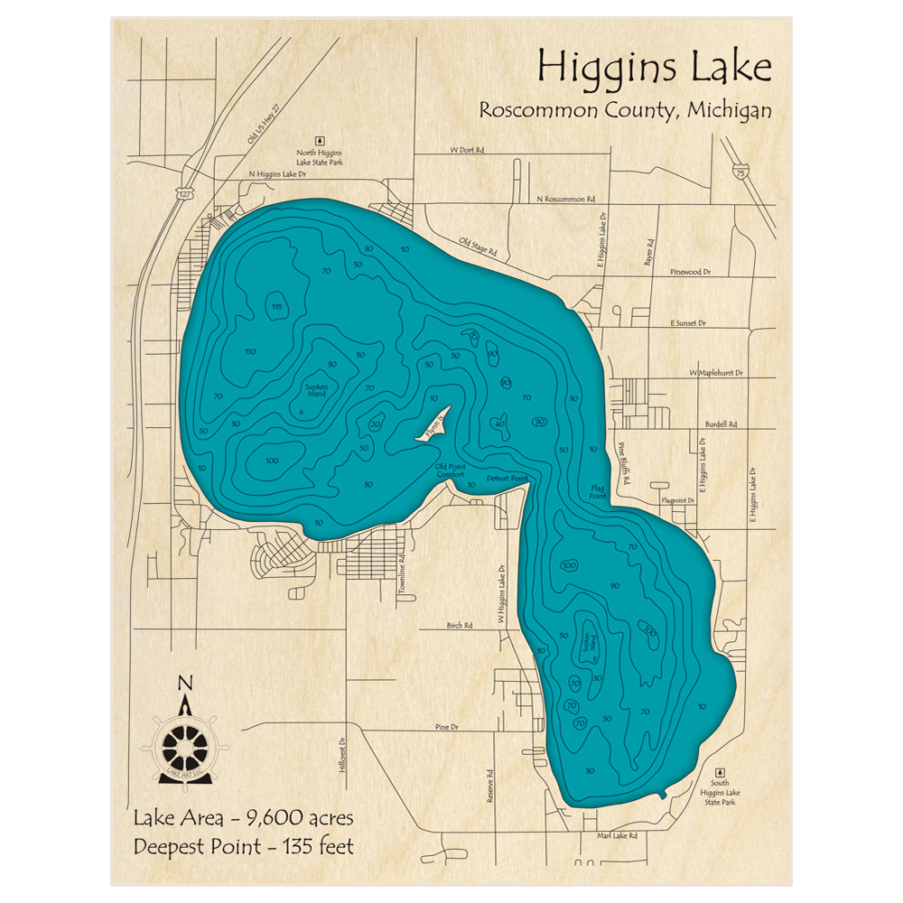 Bathymetric topo map of Higgins Lake with roads, towns and depths noted in blue water