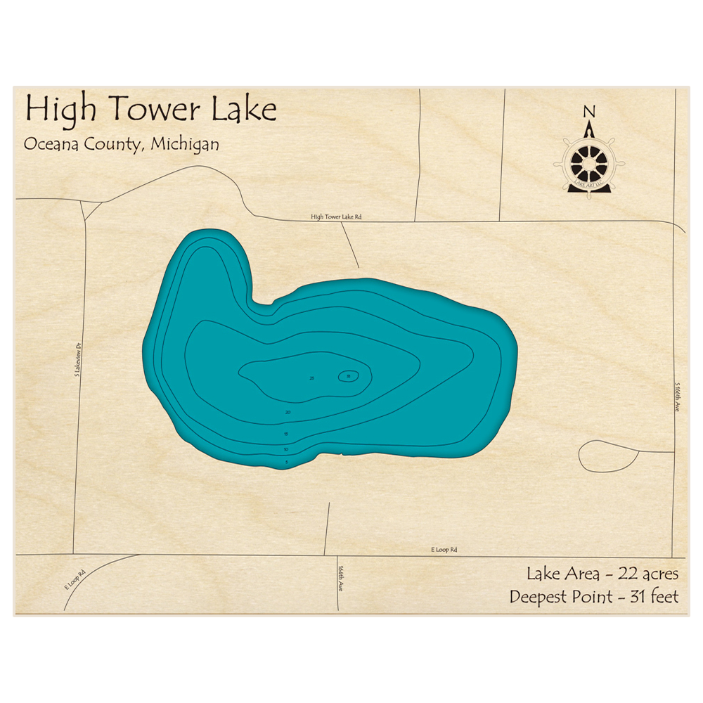 Bathymetric topo map of High Tower Lake with roads, towns and depths noted in blue water