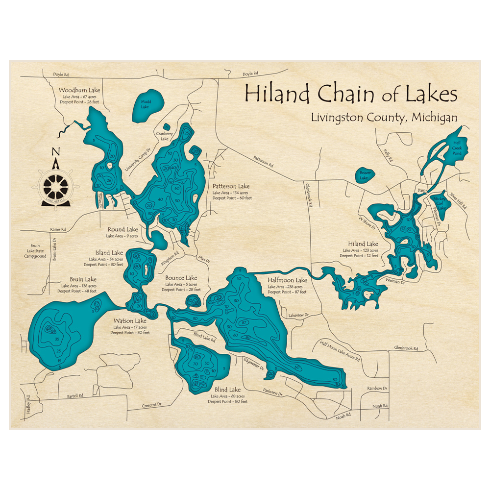 Bathymetric topo map of Hiland Chain with roads, towns and depths noted in blue water