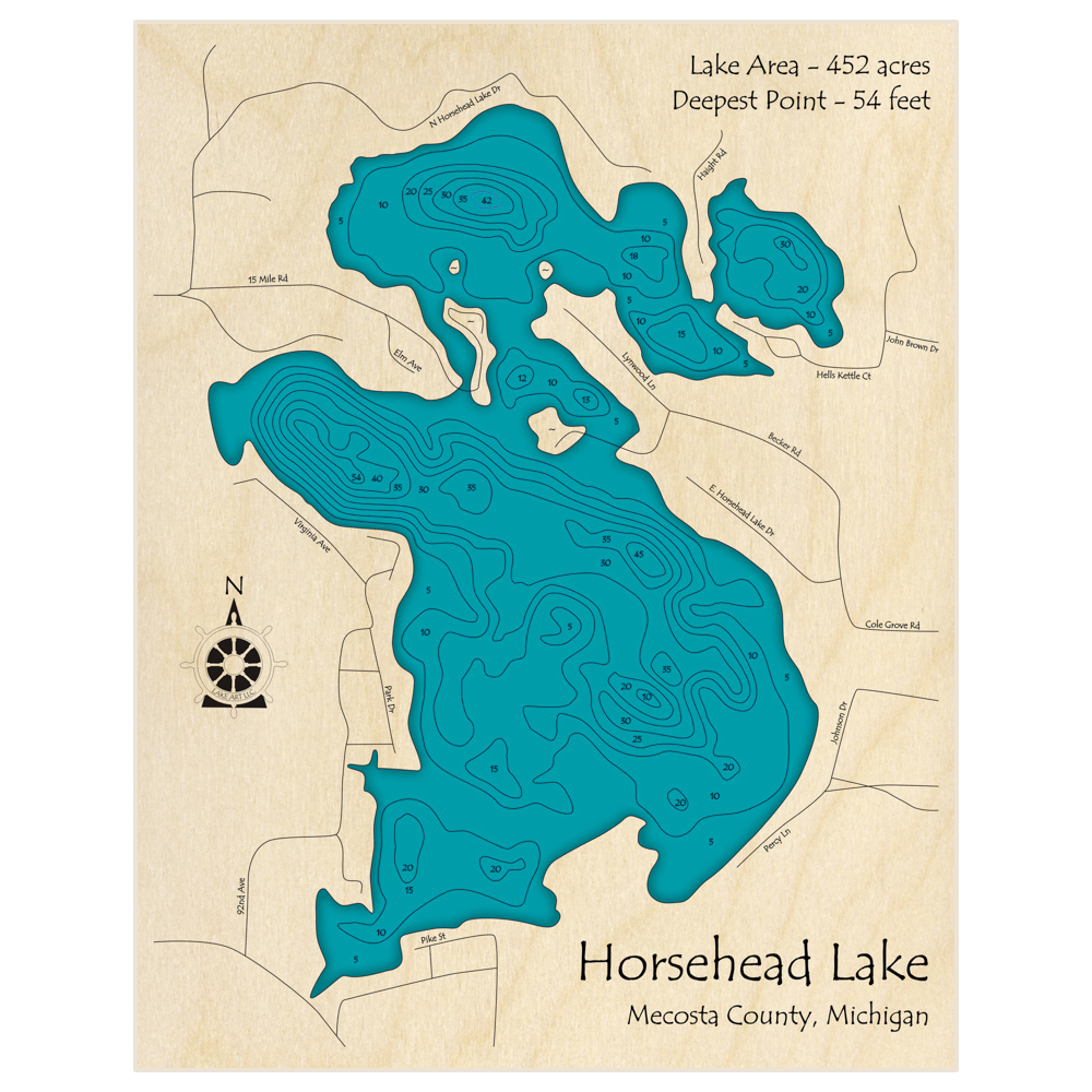 Bathymetric topo map of Horsehead Lake with roads, towns and depths noted in blue water