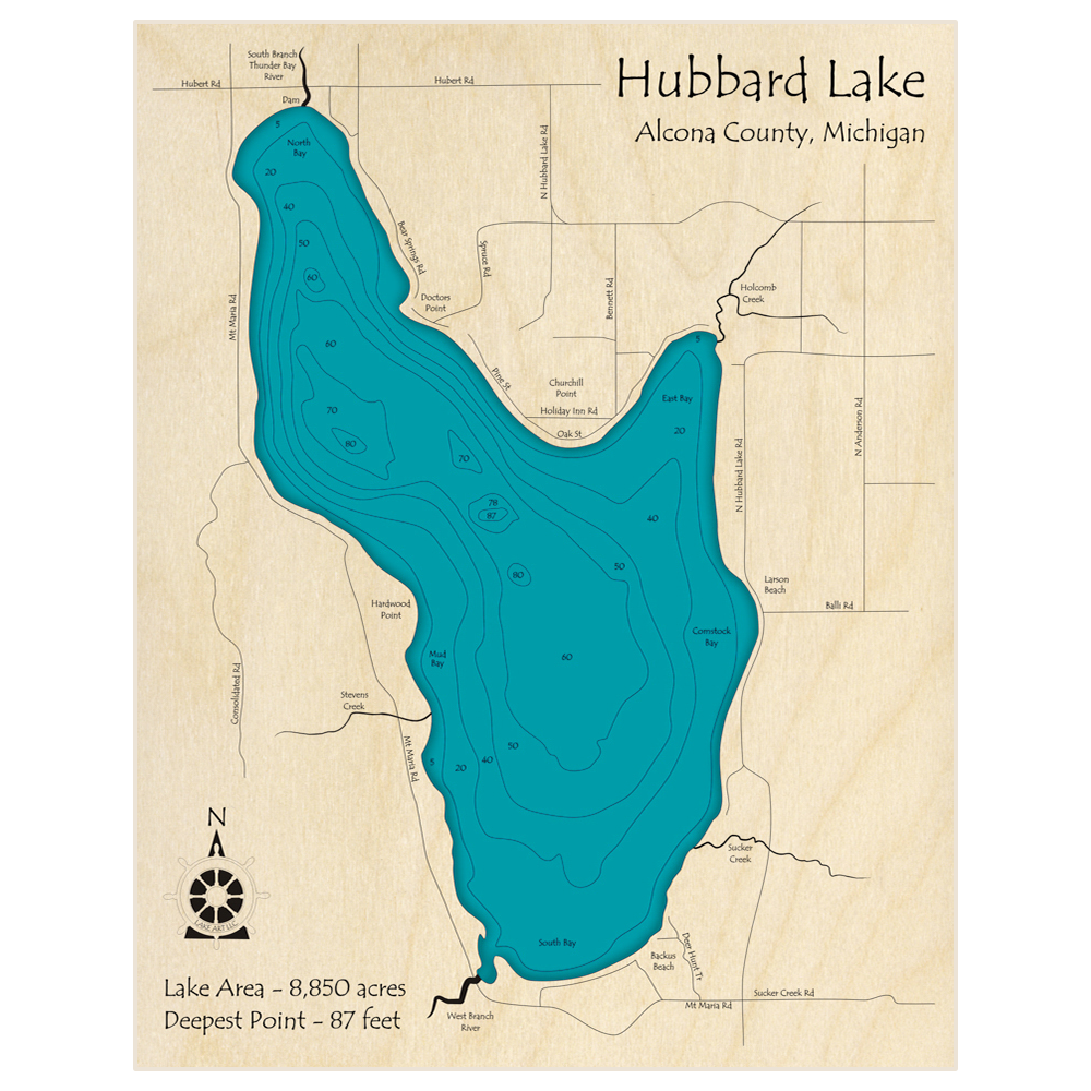 Bathymetric topo map of Hubbard Lake with roads, towns and depths noted in blue water