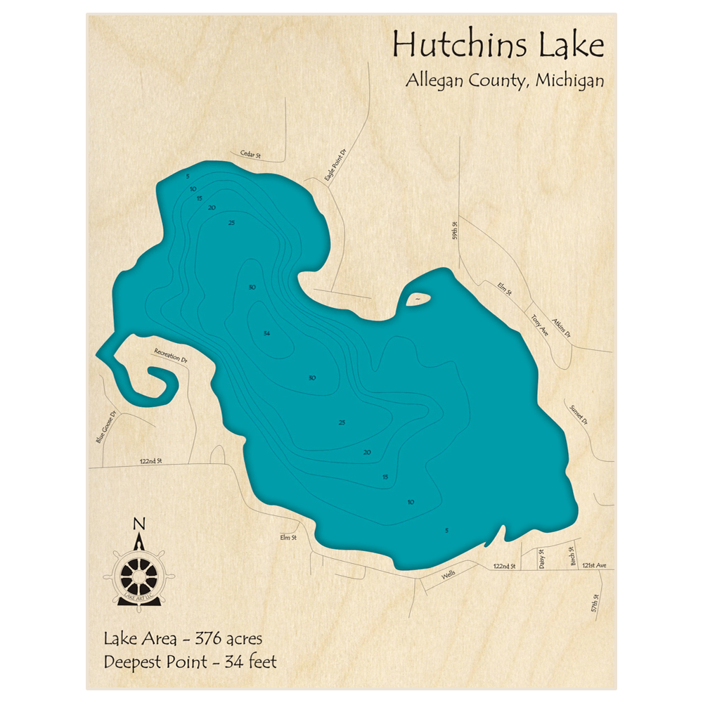 Bathymetric topo map of Hutchins Lake with roads, towns and depths noted in blue water