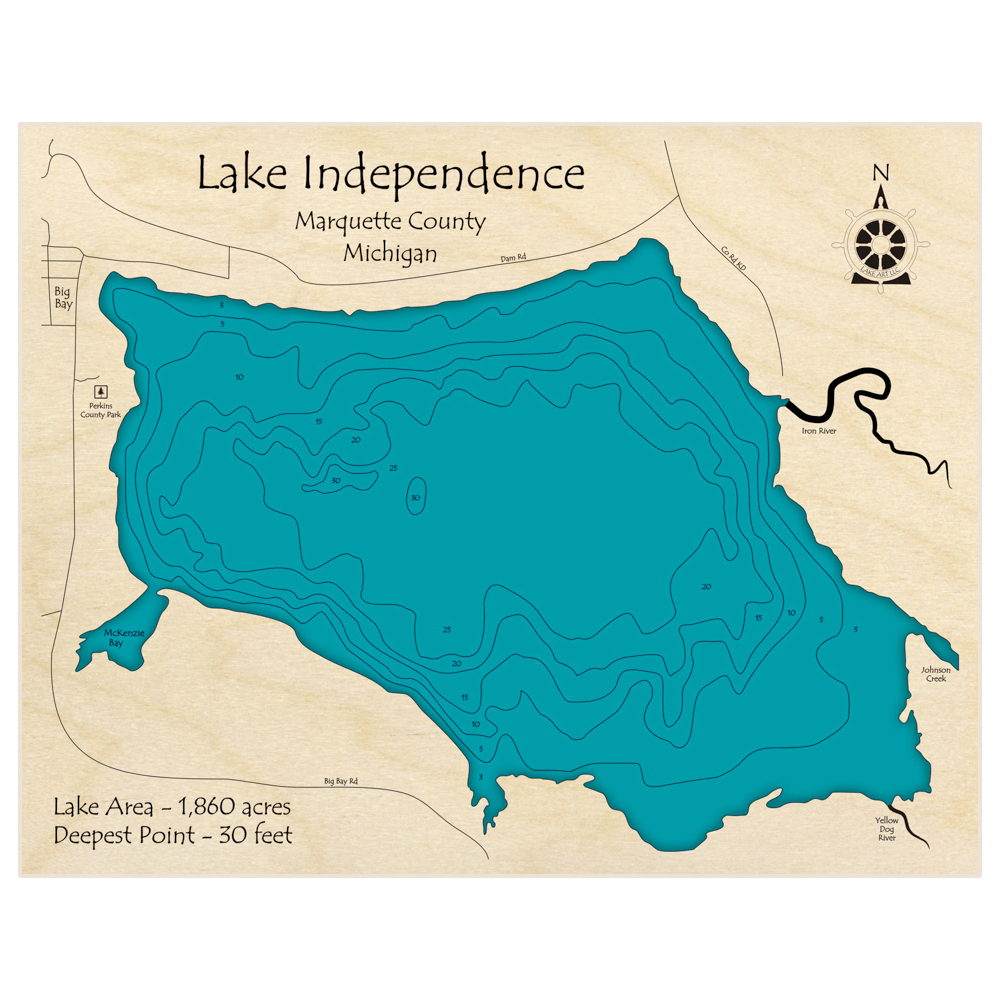 Bathymetric topo map of Lake Independence with roads, towns and depths noted in blue water