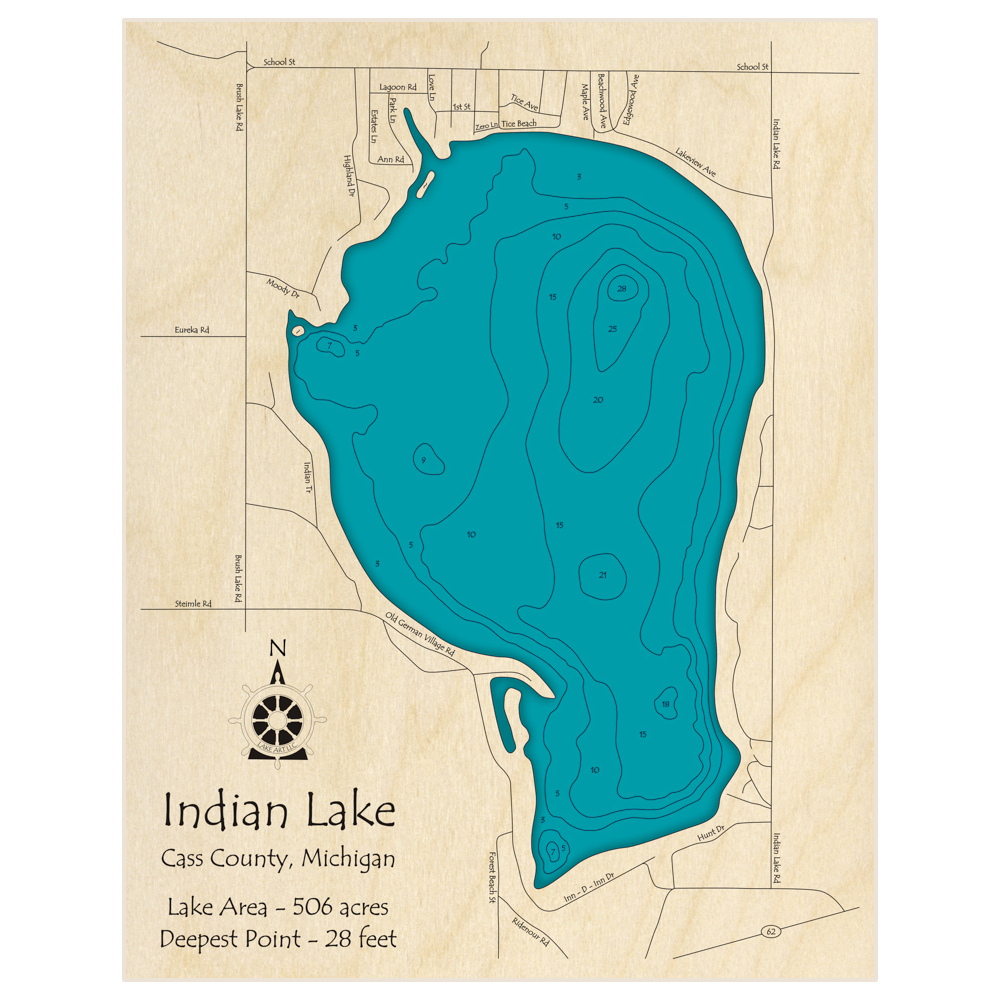 Bathymetric topo map of Indian Lake with roads, towns and depths noted in blue water