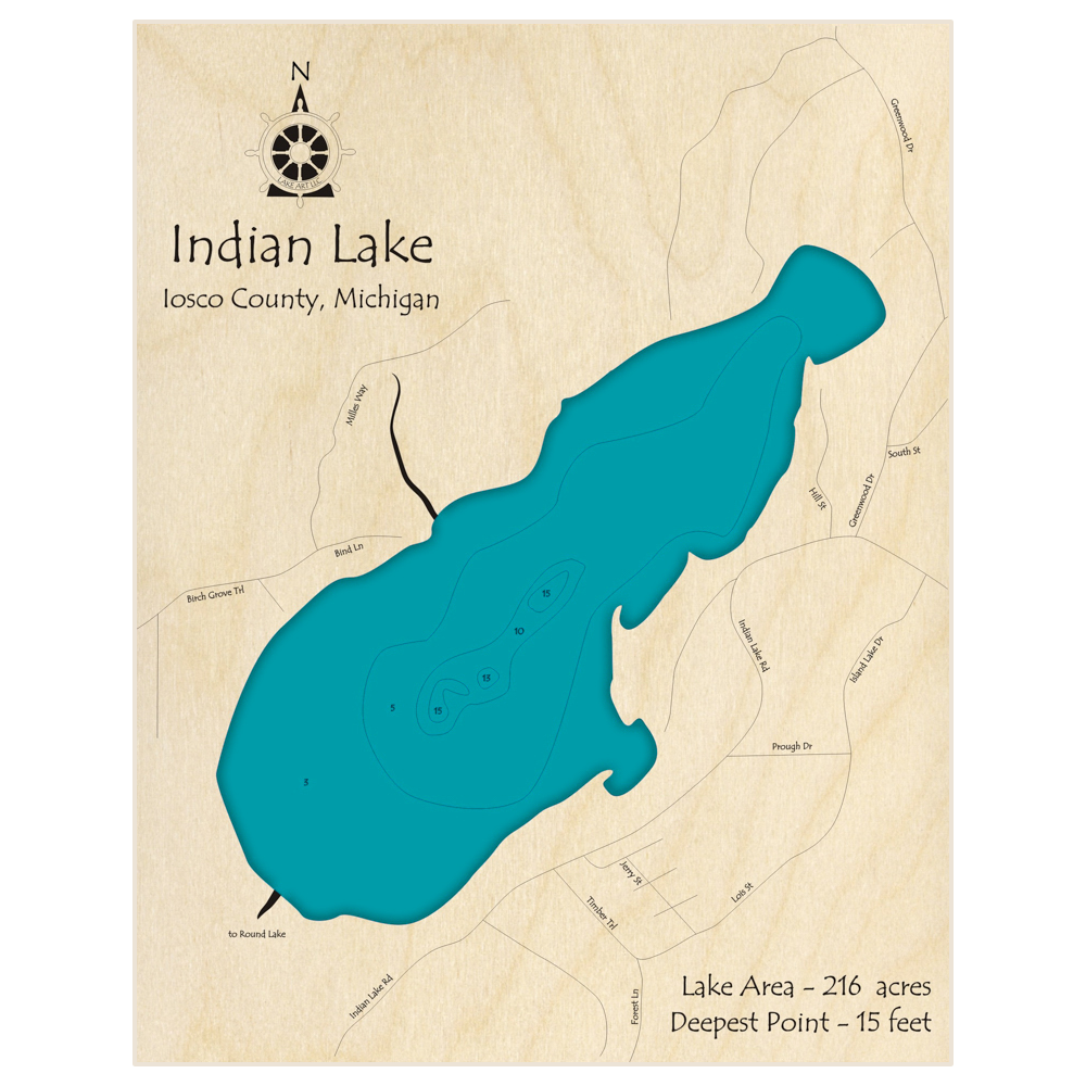 Bathymetric topo map of Indian Lake (alone) with roads, towns and depths noted in blue water