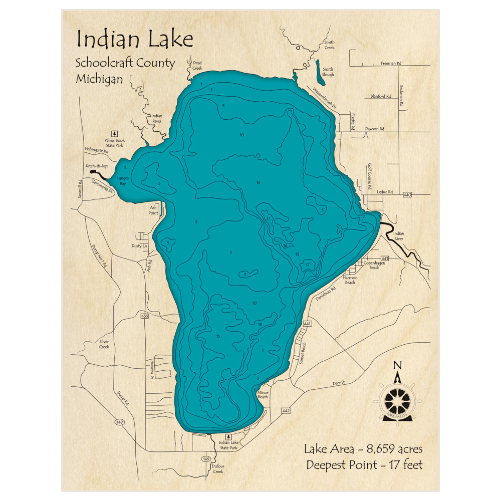 Bathymetric topo map of Indian Lake with roads, towns and depths noted in blue water